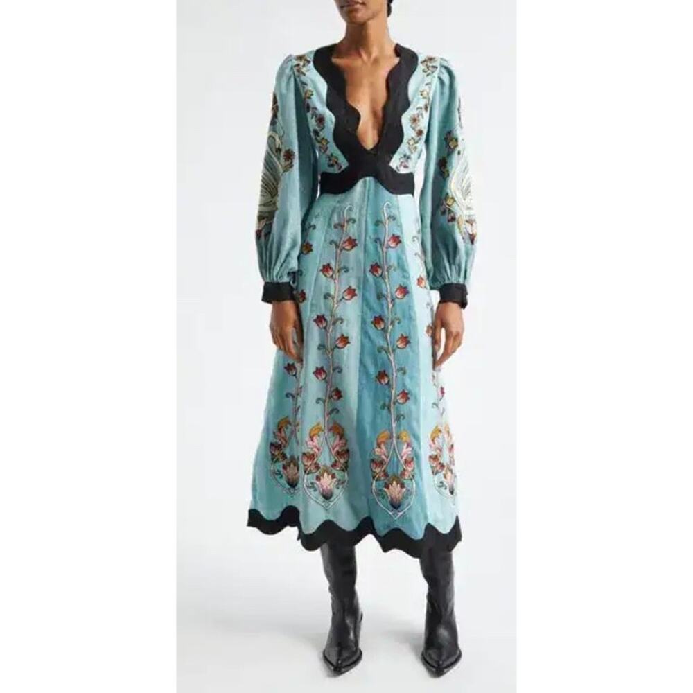 New! Farm Rio Flowing Beauty Blue Embroidered Long Sleeve  A-Linen Dress SzS - Picture 8 of 11